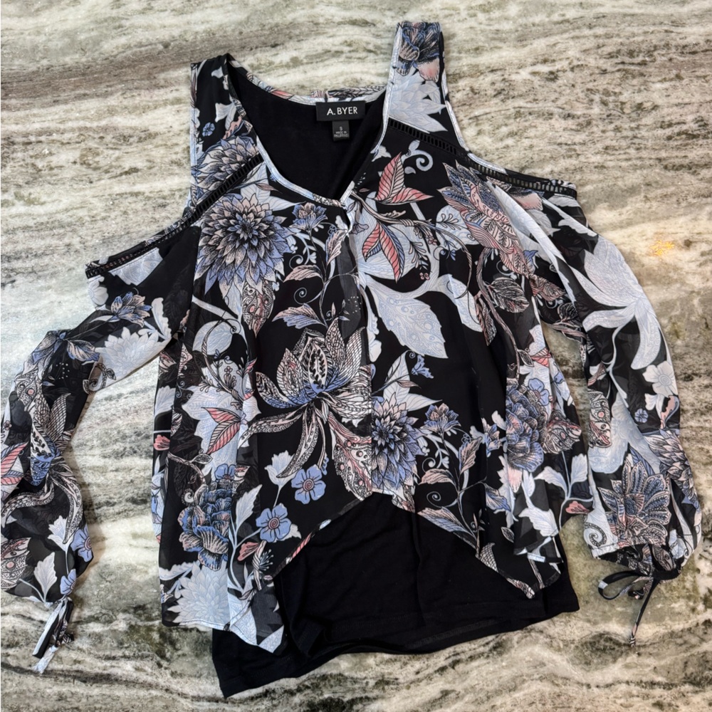 A. Byer Black and Blue Floral Cold Shoulder Blouse